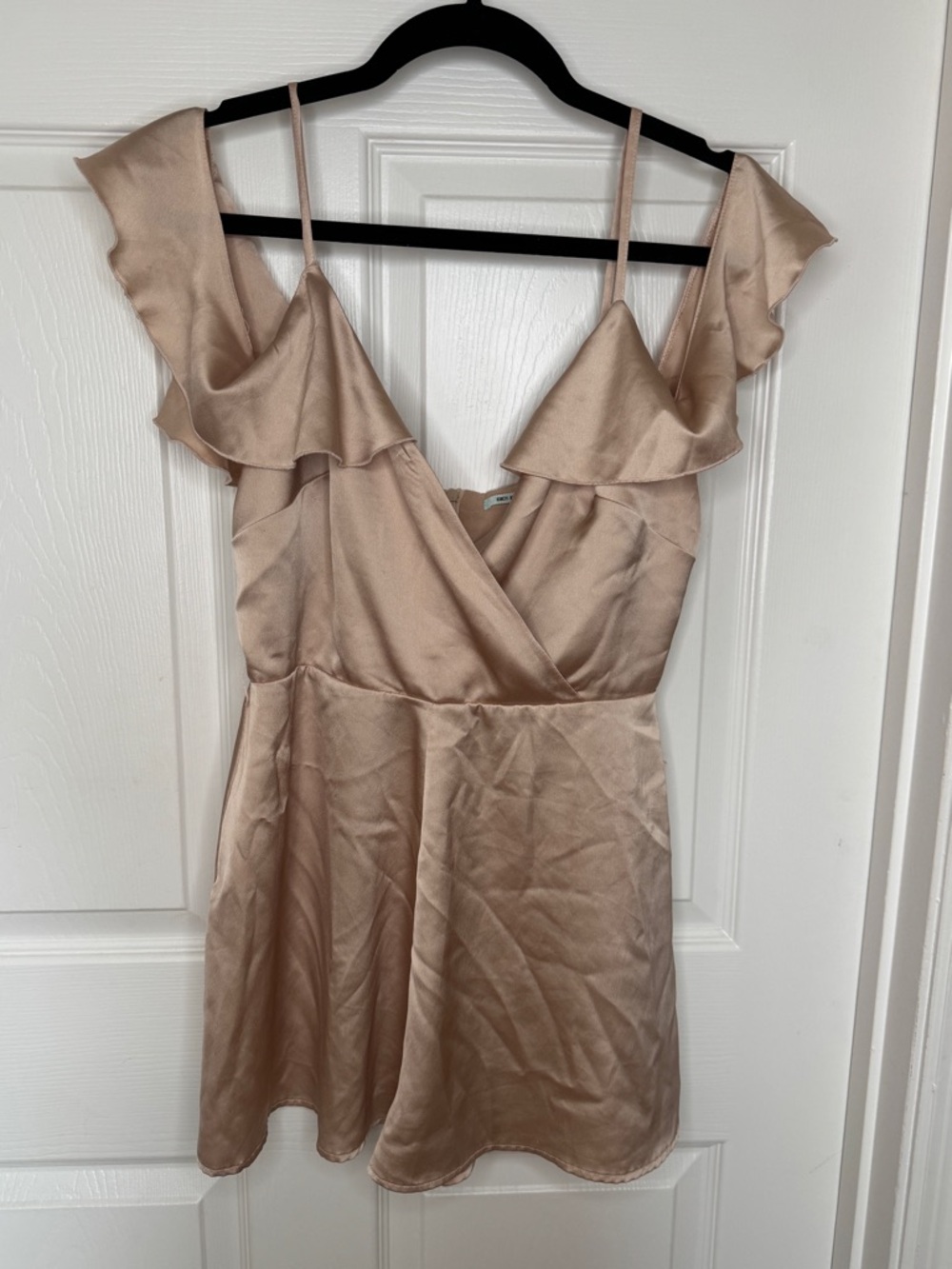 Satin Ruffle V-Neck Mini Dress in Champagne